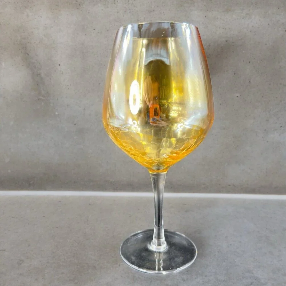 Pier 1 Glass Balloon Goblet Yellow Luster‎ Finish Crackled Glass Top Single 1